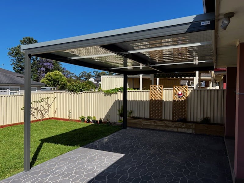 Modern backyard with pergola and lawn