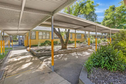 School walkway with trees and garden.